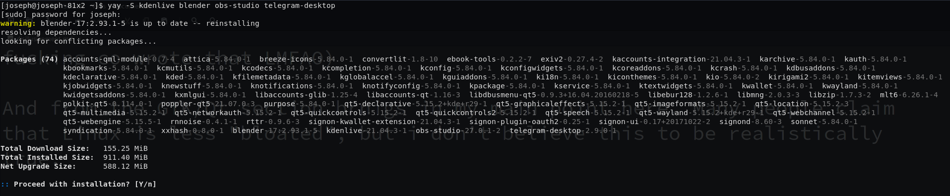 Let's take installing Blender, OBS, Telegram and KDEnlive for instance:Tux, the Linux mascot